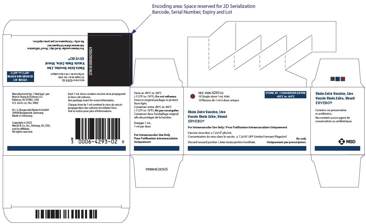 Ervebo, oplossing voor injectie Oplossing voor injectie (LEVEND VERZWAKT RECOMBINANT VESICULAIR STOMATITISVIRUS (rVSV, 11481 nt INDIANA STAM) BEVATTEND ZAIRE-EBOLA VIRUS (ZEBOV, KIKWIT 1995 STAM) ENVELOP GLYCOPROTEINE (GP), GEPRODUCEERD IN VERO CELLEN) — reference image